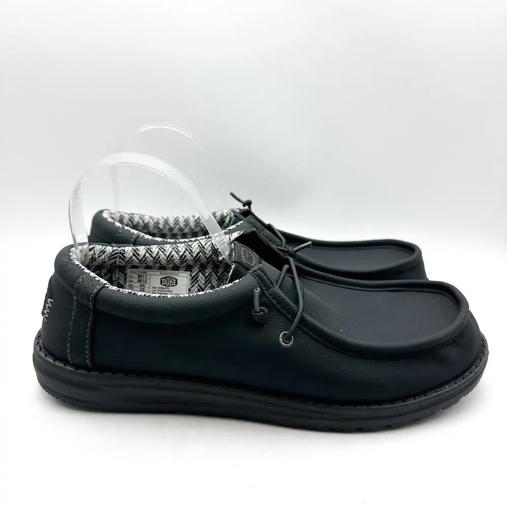 HEY DUDE Mens Wally Classic Sneakers Size 11 Black Faux Leather Slip On NWOB